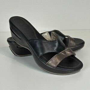 Cole Haan Black Brown Leather Wedge Slide Sandals 9.5